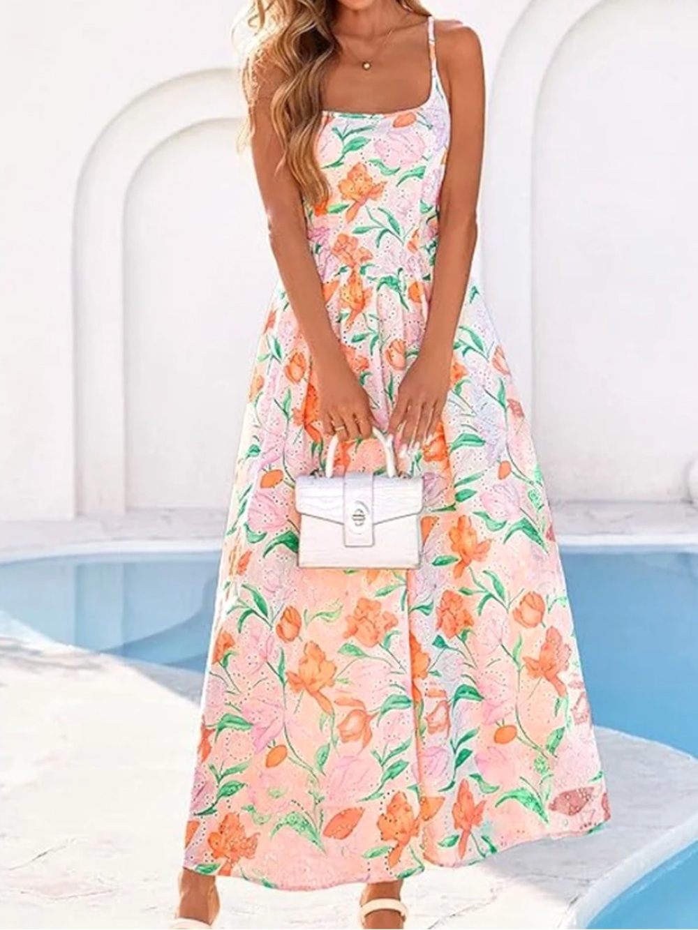 Pretty Garden Eyelet Pastel Spring Floral Sundress Maxi in Peach and Mint - Picture 2 of 13